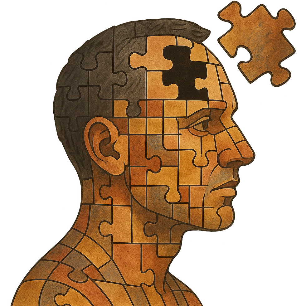 A man's head as a mosaic puzzle, with pieces fitting into his head, in a surreal and abstract style emoji