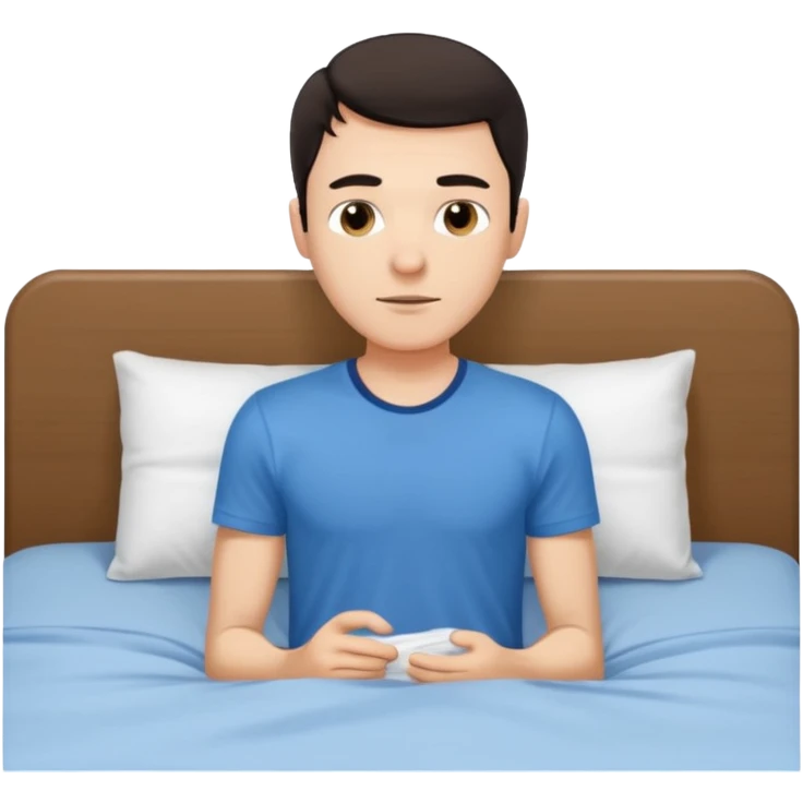 rapaz jovem magro de cabelo escuro, com camiseta azul e cueca branca ao lado de uma cama emoji