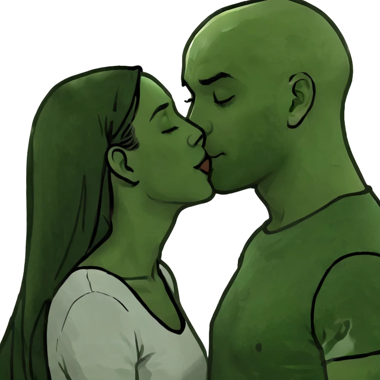 Bald guy kissing long dark haired girl emoji
