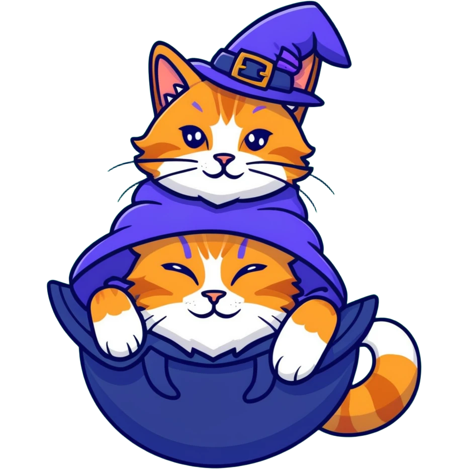 full body Maine coon ginger tabby cat flopped over on her back wearing an indigo witch hat emoji