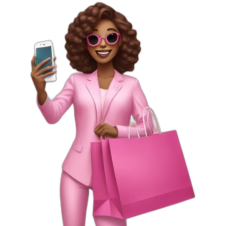 influencer taking selfie with a pink shopping bag emoji