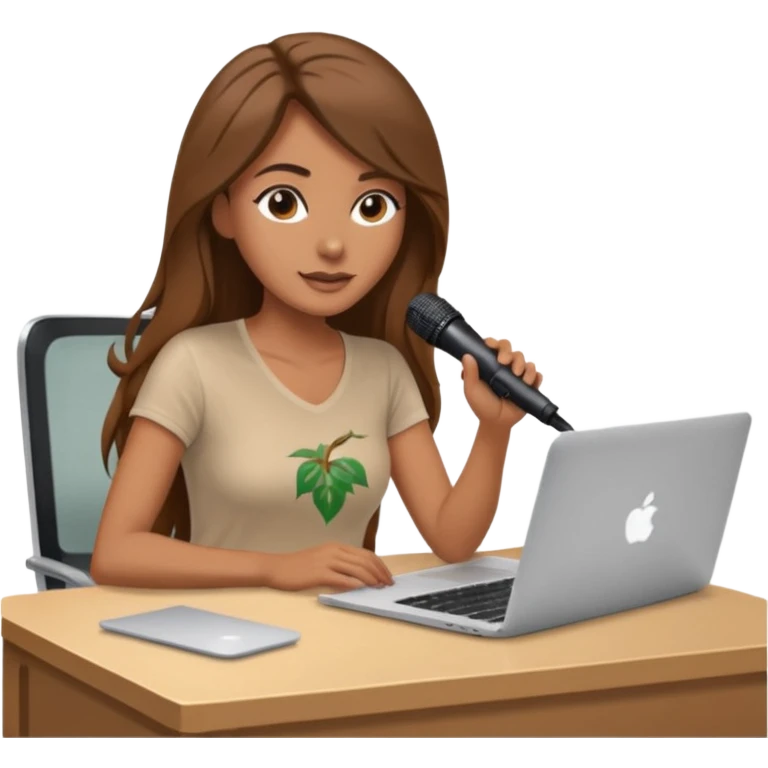 tanned brown long hair woman, sat at desk with MacBook, podcast microphone bleige top and vine color, sexy, glass table emoji