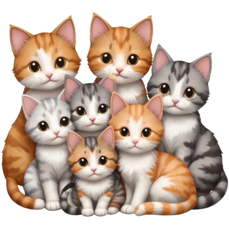 6 tiny kittens cuddling together all various different natural colours including grey and white, ginger and white, calico, grey, and brown tabby and white emoji