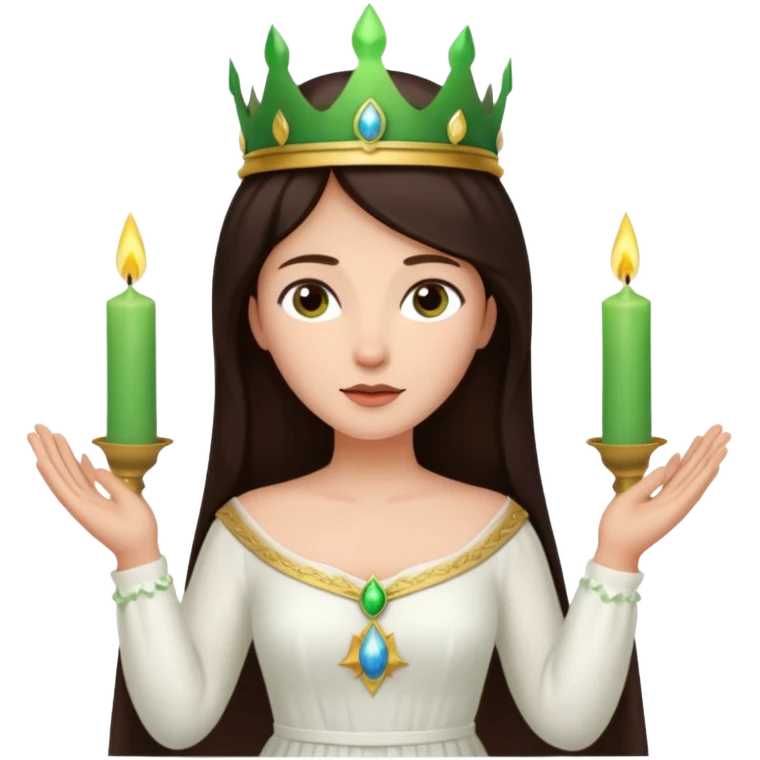  saint lucia with dark brown hair with a white gown and a green crown with candles on the crown emoji
