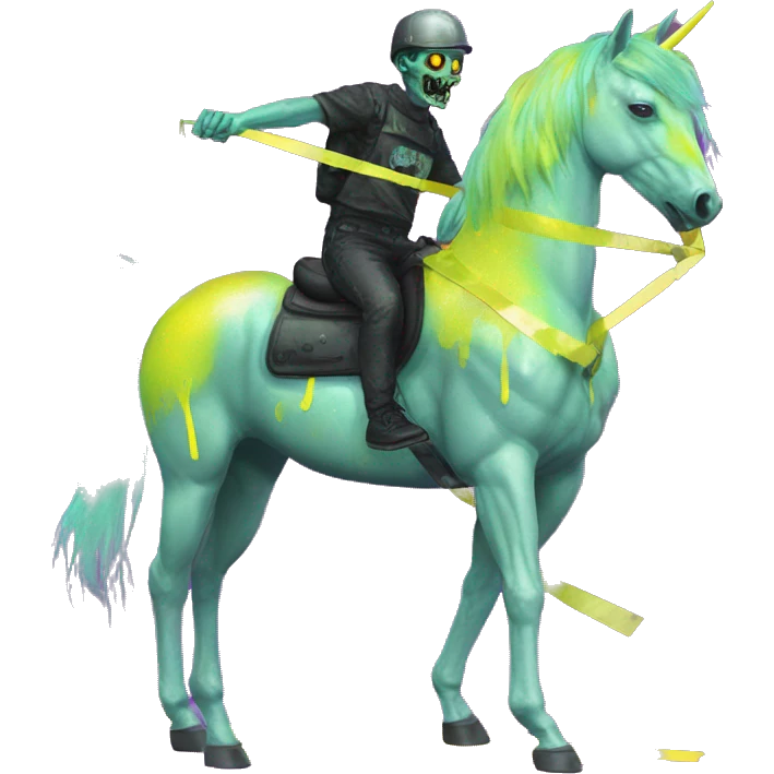 .Zombie_ Vaporwave black holographic oilslick zombie unicorn yellow caution tape graffiti Pegasus emoji
