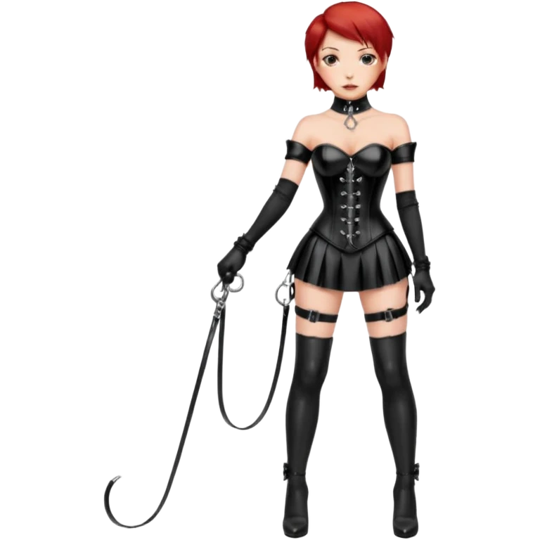 mistress, dominant girl, short red hair, serious look, shiny black leather corset, latex miniskirt, whip in hand, long black gloves, black hold-ups, high heels, slave with collar and leash tied to the girl's hand emoji