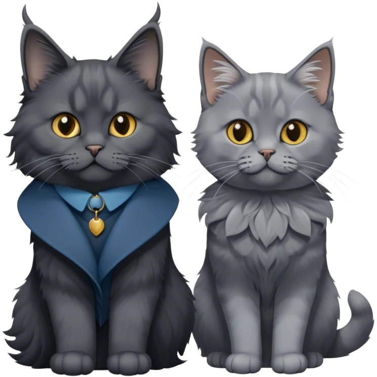 Portrait of a black smoke Maine Coon cat with long grey ear tufts and a thick grey collar, alongside a British Shorthair cat with a solid blue coat. Both cats with detailed fur textures and playful expressions. Soft, elegant background with warm, natural tones. Transparent background. emoji