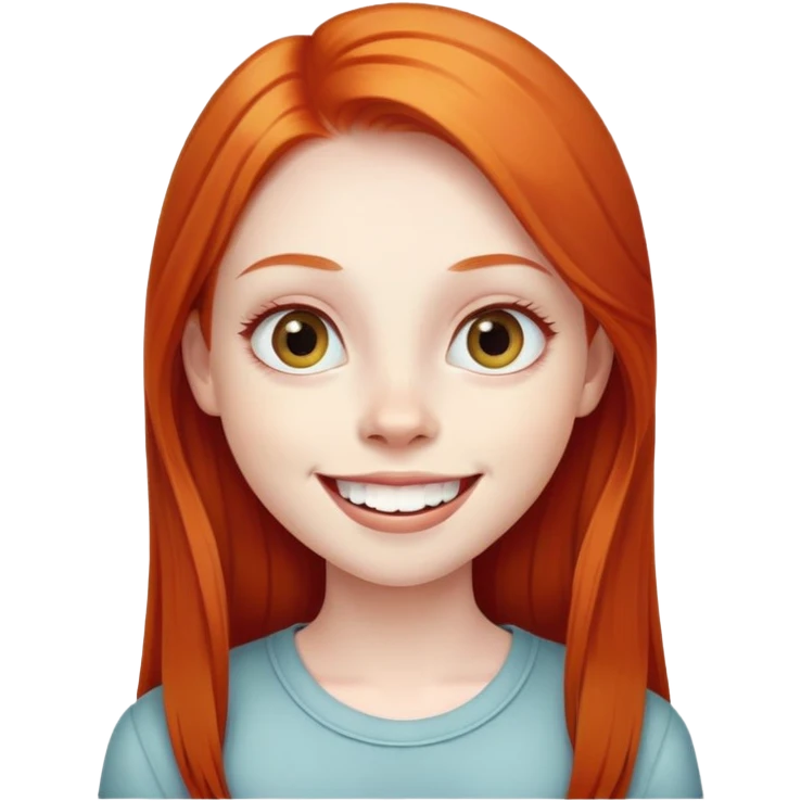 traditional simple emoji of young girl with very pale skin, long straight bright ginger red hair, big eyes, big smile with teeth showing, classic round face emoji