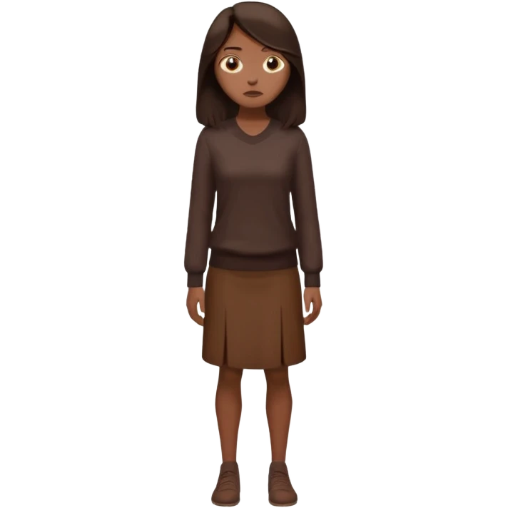 =Cartoon emoji of a woman with long, loose dark hair, wearing chocolate-colored clothes. Full-height, standing, nervous, unsure, worried expression. Slightly hunched, anxious posture. Smooth, simple, stylized emoji
