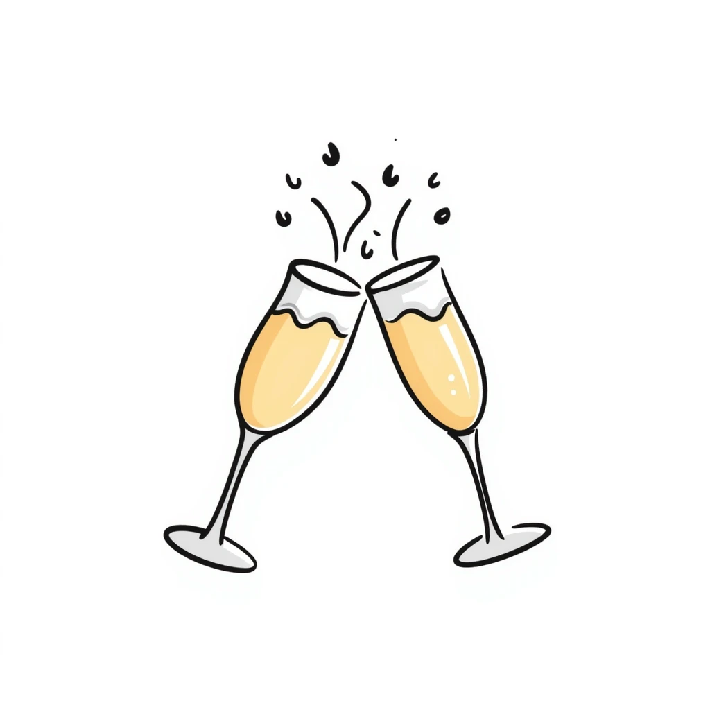 a pair of elegant goblets or wine glasses clinking together with champagne bubbles rising, in pastel colors dd9fb0, ffc6d3, a3bfc9, c4bee2, f1b091, detailed hand-drawn doodle style emoji