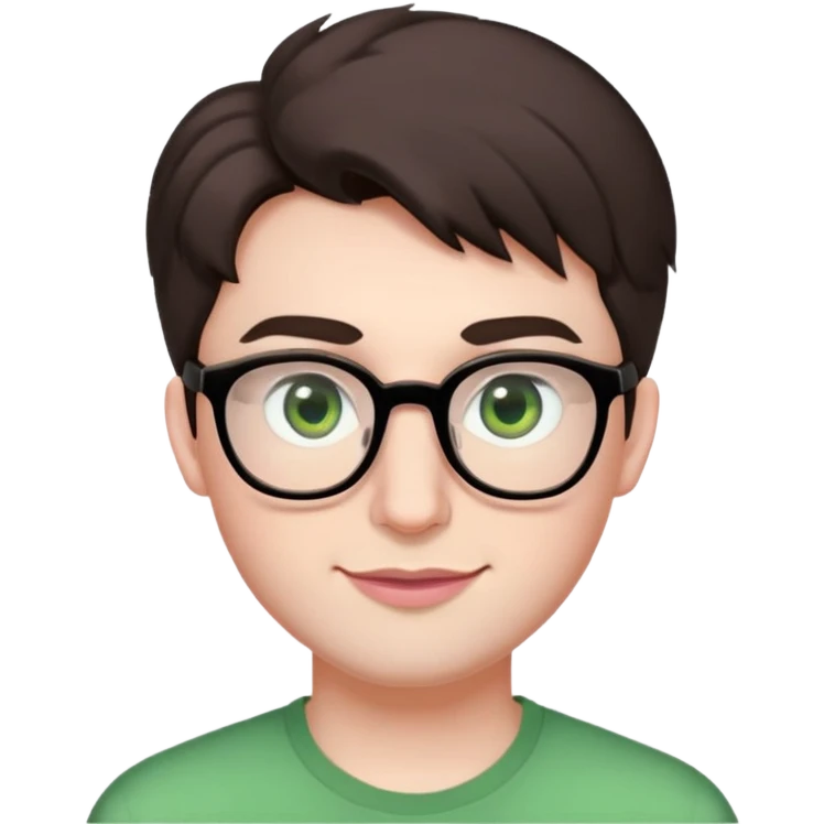 Young man with short but voluminous poofy dark brown hair, green eyes wearing glasses, wide face with eyes set apart, bigger ears, very pale skin, slightly bigger nose, fuller darker pink lips with a smile, and very light stubble emoji