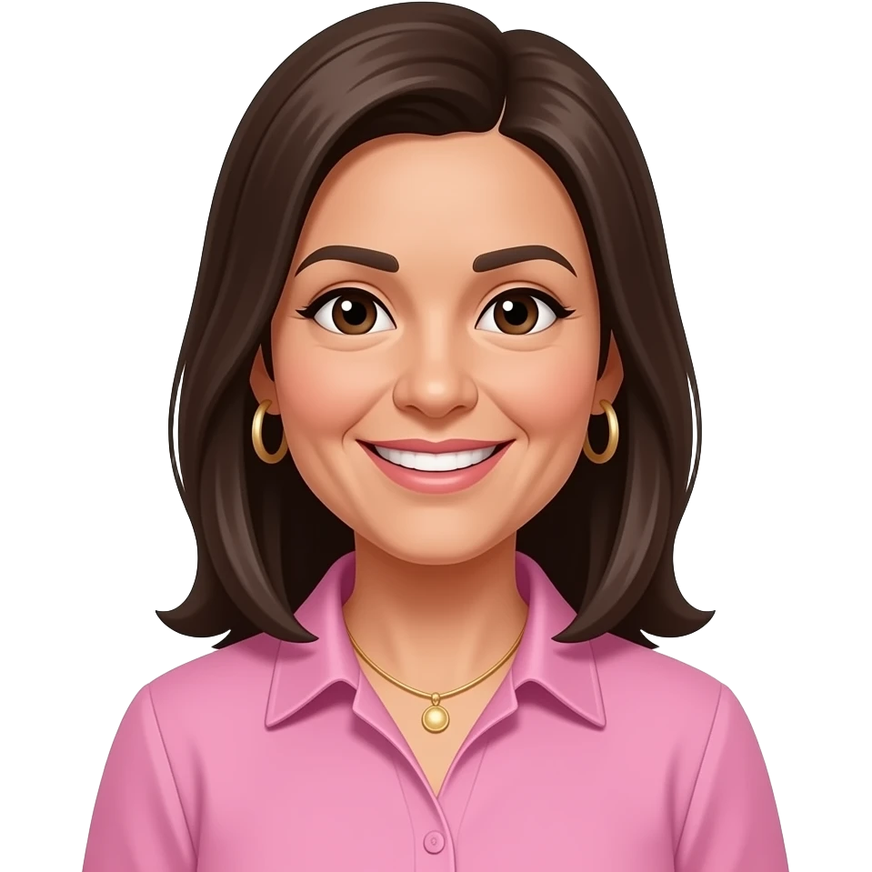 woman early 50s, dark brown eyes, long straight hair all one length with side parting, hoop earrings, necklace, pink collared shirt, slighlty tanned skin, open smile emoji
