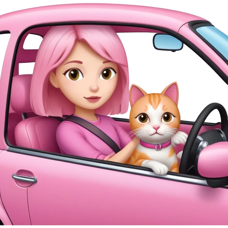 Girl driving a pink car with her cat emoji