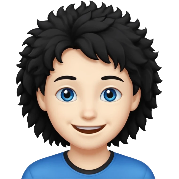 young face, blue eyes, black fluffy hair, smile emoji