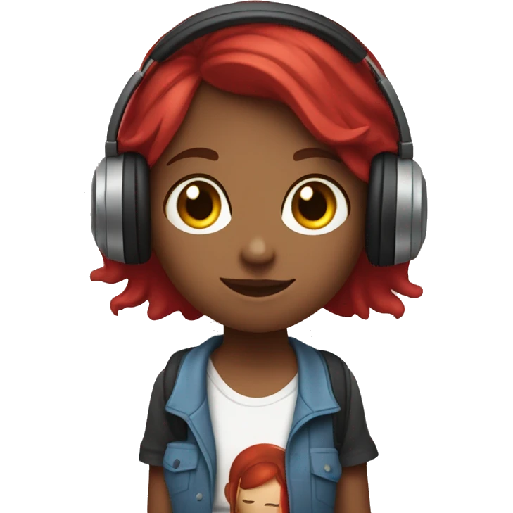 red and wavy hair girl listening music with headphones, and a red t-shirt, and a couple of books at her left  emoji