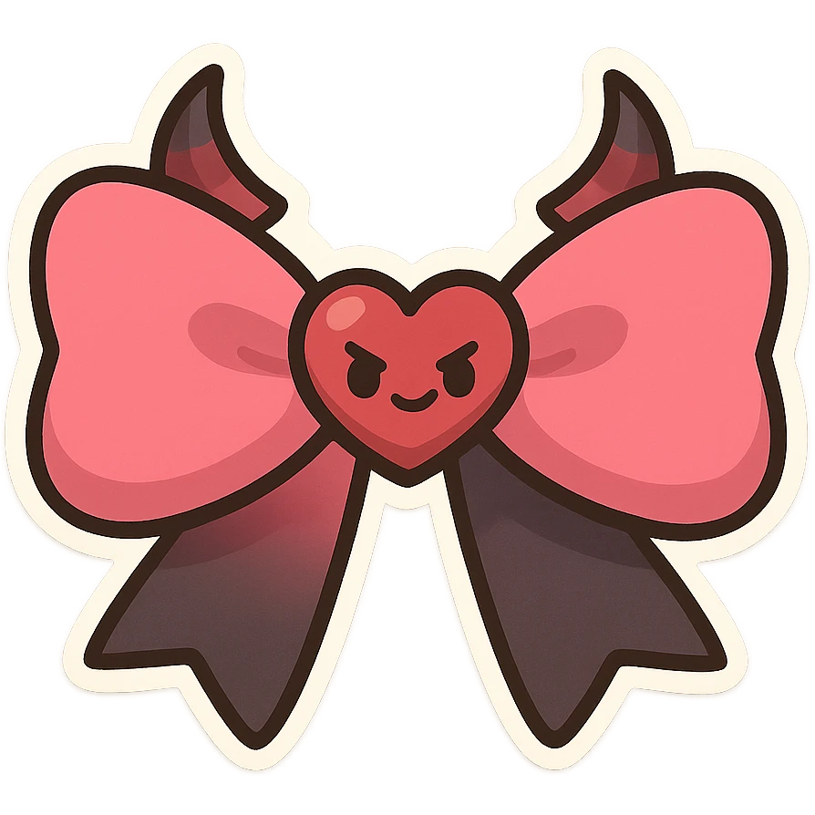 devil bow, chibi style, pink and black colors, tiny horns, heart-shaped center, cute but mischievous emoji