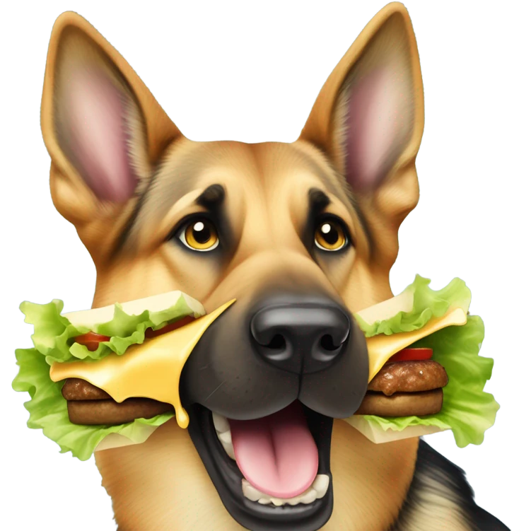 German shepherd eating a cheeseburger emoji