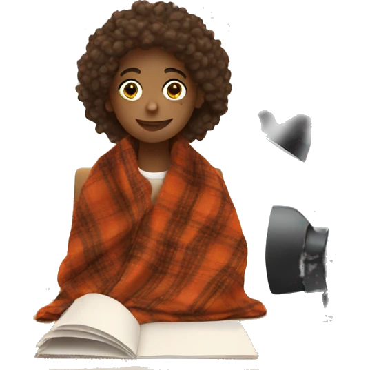 Teen wearing fall blanket sitting at a desk emoji