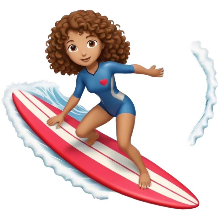 Woman with brown curly hair surfing wave in 3d heart emoji