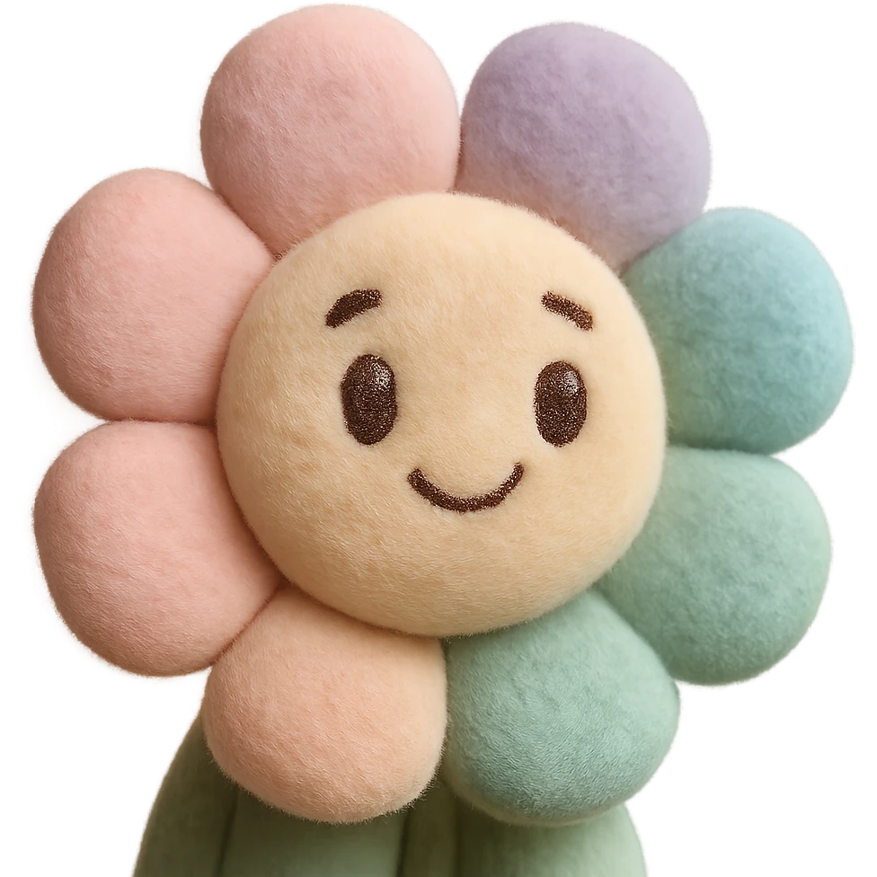 a plush flower with pastel colors, round petals, and a gentle expression emoji