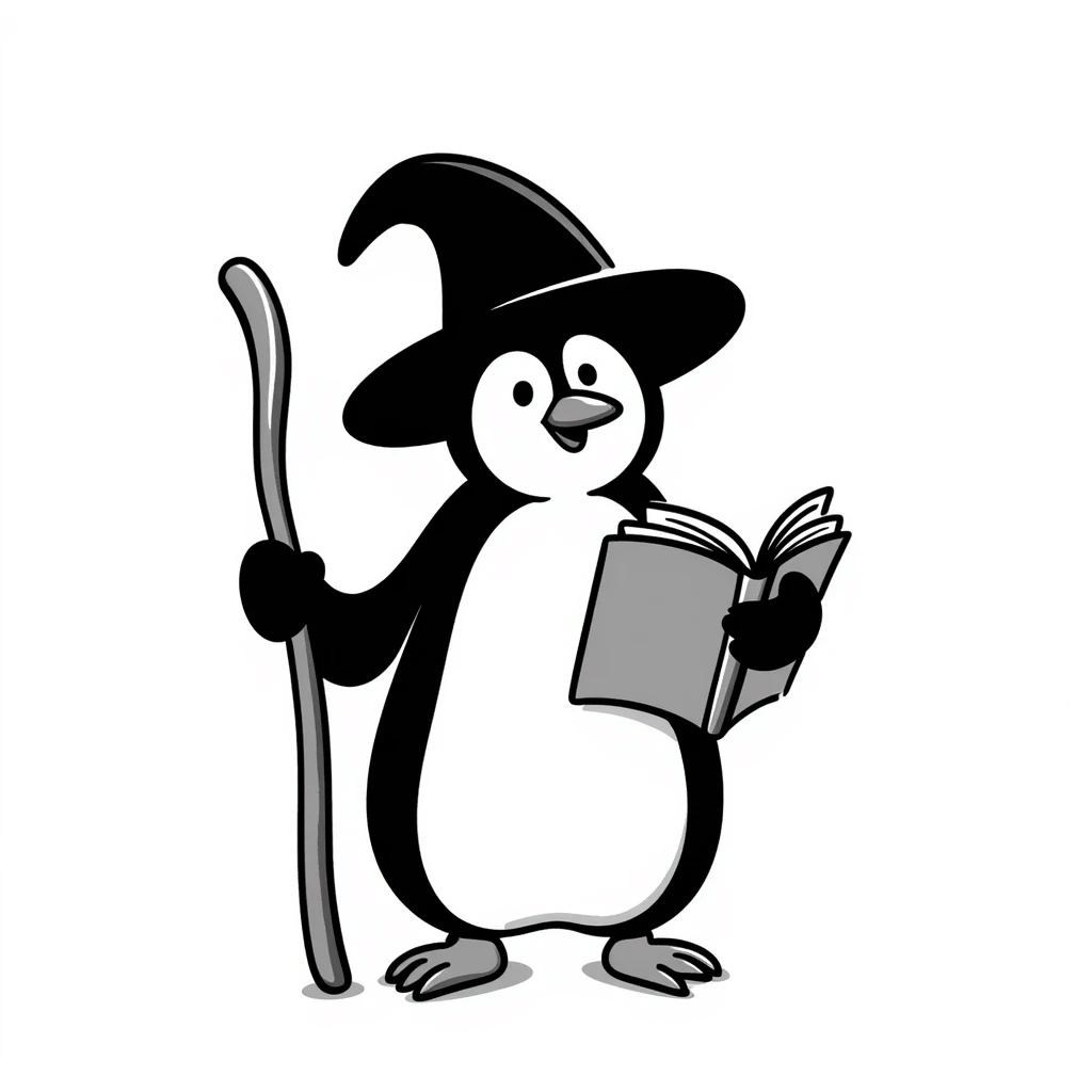 Penguin wizard with pointed hat, magical staff, and spell book emoji