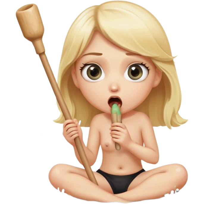blond woman sitting on her knees with wide eyes, holding a wide skin-colored stick with a D-shaped knob, the stick has skin texture, water squirting from the knob into her mouth, shocked face emoji