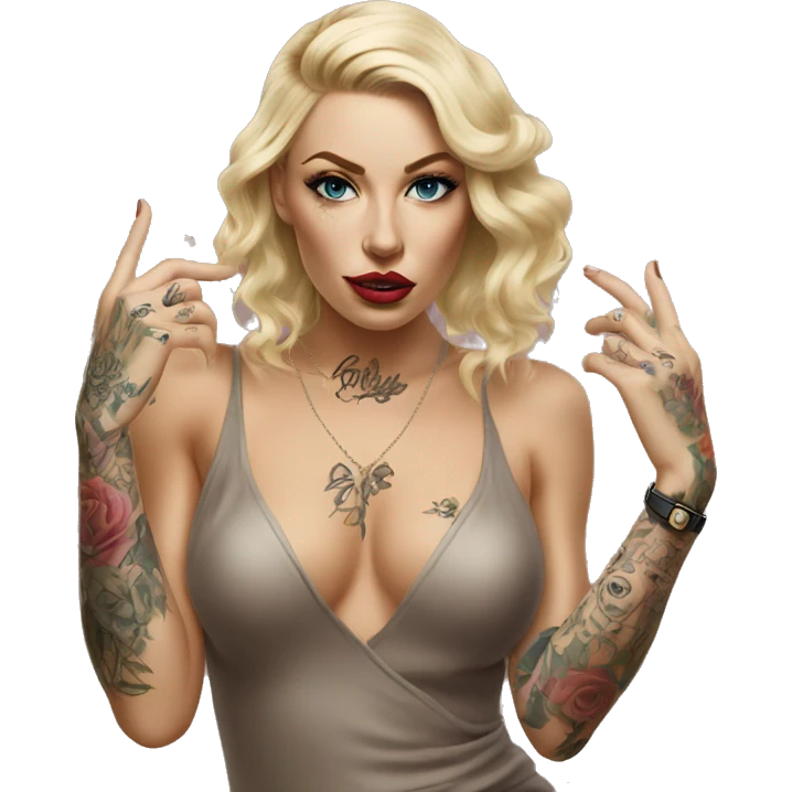 Blonde elegant women, her Body Covered with Tattoos, POINTING ON YOU with her HAND , Hyper realistic emoji