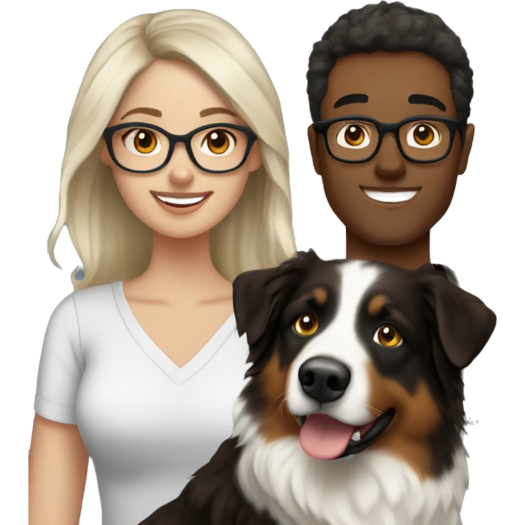 26 year old brunette with blonde highlights wearing glasses with her husband white with dark brown hair and their Australian shepherd  emoji