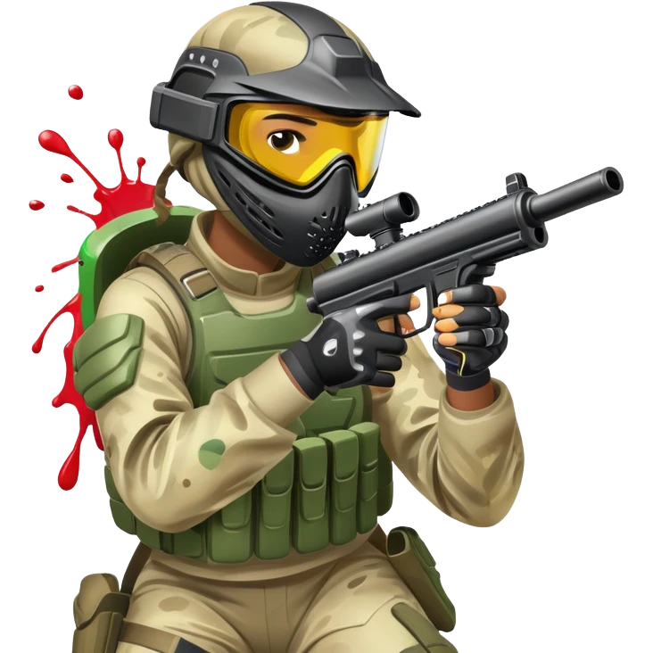 A paintball player in full gear, aiming a paintball gun with focus and determination. The scene includes vibrant splashes of paint and a dynamic battlefield setting, emphasizing action, strategy, and teamwork in a competitive environment emoji