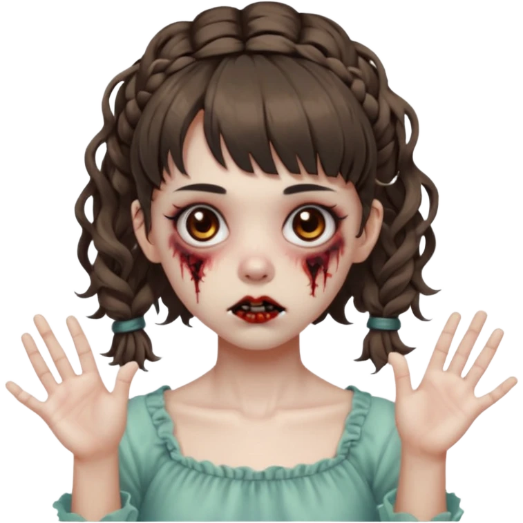 Cabelo ondulado  um pouco cheio e franja curta  Olhos marrons e pequenos e feita d ezumbi mais bonita com cabelo amarro na e com as mãos assim tipo assim🧟‍♀️ emoji