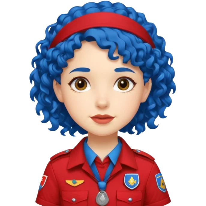 scout girl with red scout uniform, blue curly haired emoji