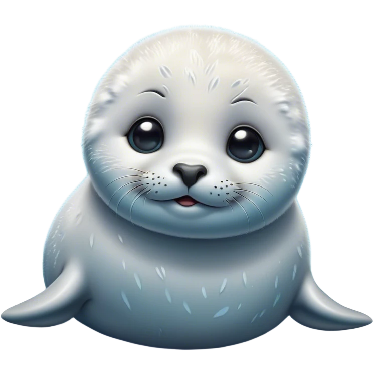 Cinematic Cute Baby Seal Portrait Emoji, Head tilted playfully and inquisitively, featuring a charming, pudgy body with velvety, damp fur, oversized round eyes brimming with innocent wonder, and a soft, cuddly face, Simplified yet irresistibly adorable features, highly detailed, glowing with a warm, frosty glow, high shine, affectionate and lively, stylized with a touch of whimsical polar magic, soft glowing outline, capturing the essence of a mischievous yet loving baby seal that seems as if it could waddle out of the screen into your arms! emoji