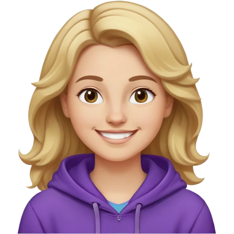 Mujer caucasian, cara redonda, cejas suaves, pelo ondulado castaño claro con puntas rubias, raya al lado. Sonrisa amplia, expresión feliz. Hoodie lila puesta emoji
