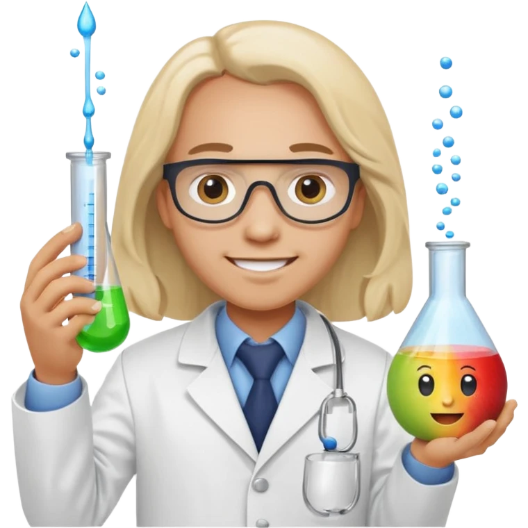 Mendeleev in a laboratory coat holding test tubes doing a chemical reaction, apple emoji style emoji