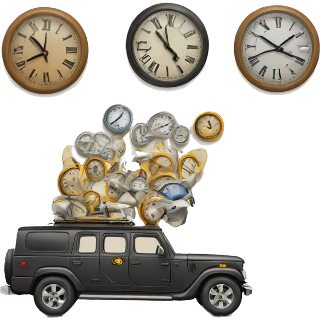vehicle surrounded by clocks emoji