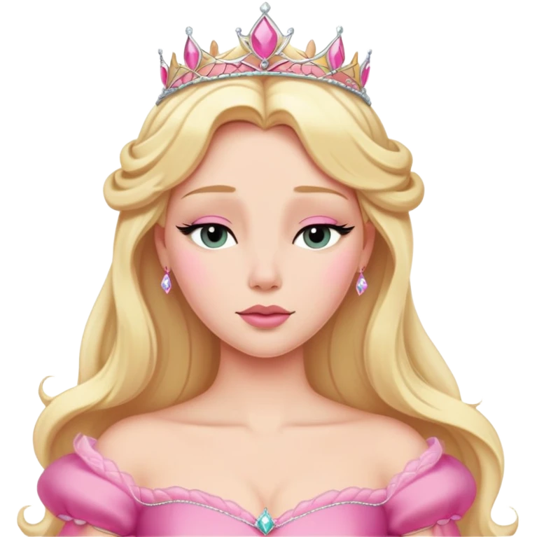 Aurora Sleeping Beauty from hips up, iconic pink gown, blonde hair with tiara, minimal style but very recognizable emoji