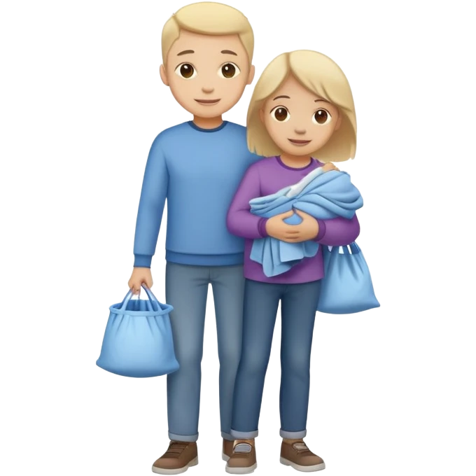 child carrying laundry with a parent, happy and responsible emoji