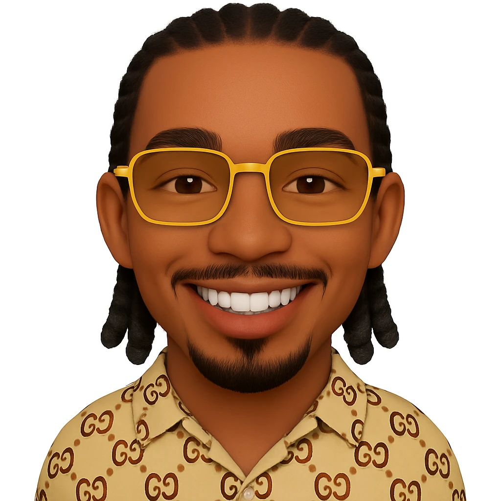 Keep all parameters exactly as in the reference image: thin head, slightly lighter skin, beard only on the chin (no hair under the lower lip), mustache only above the upper lip, no hair under the lower lip, detailed black braided hair, rectangular golden sunglasses, beige top with GG pattern, visible collar, transparent background. Add only a natural smile with visible white teeth, without changing anything else. emoji