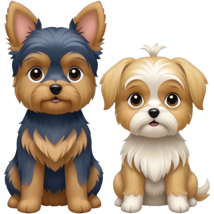 Generate a blue and tan purebred yorkie with a blonde shi tzu yorkie mix with floppy ears sitting next to each kther emoji