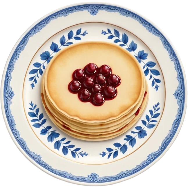 scandinavian round crepes with jam on white porcelain plate with blue floral vintage design emoji