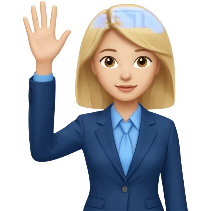 Make emoji of business woman with light skin and medium blonde hair in a dark blue business suit and light blue shirt waiving to new clients emoji