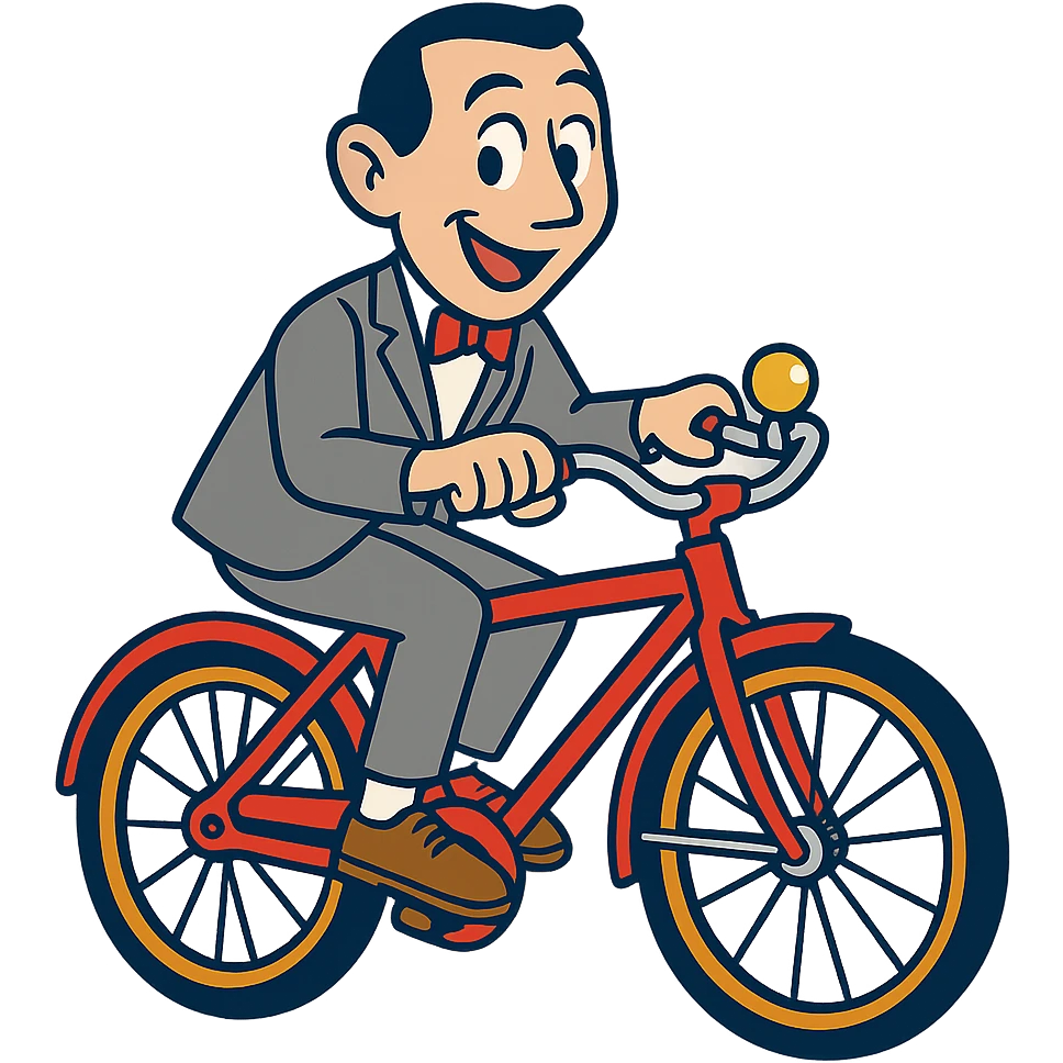 vibrant toon style Pee-wee Herman on a red bicycle emoji
