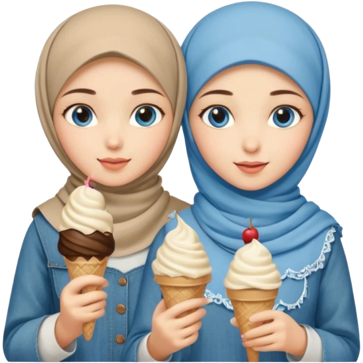 Turkish beautiful finish Konya two girls blue eyes with beige denim hijab islamic dress and had on her hand ice cream emoji