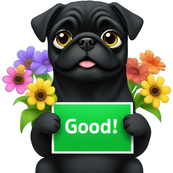 Black pug , sitting in flowers, holding a green sign that says “good luck”  emoji