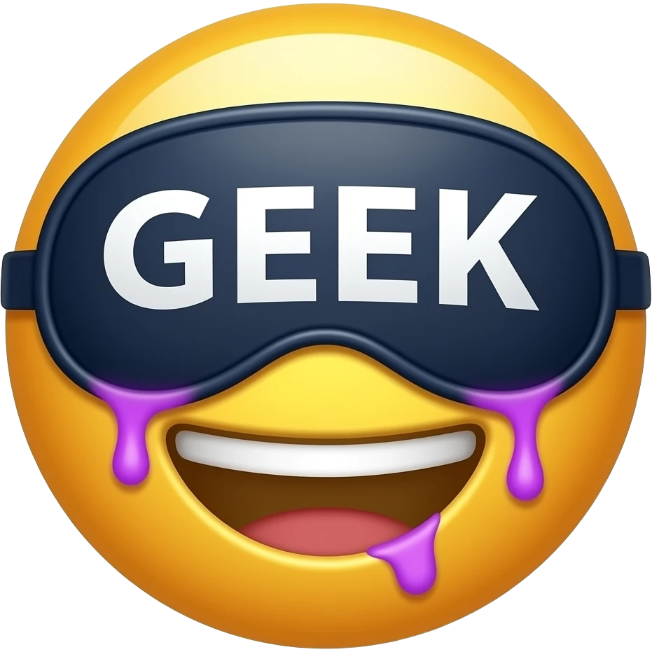 Give me a regular emoji with a sleeping mask that says "GEEK" and add neon purple drool to the corners of his half opened mouth emoji