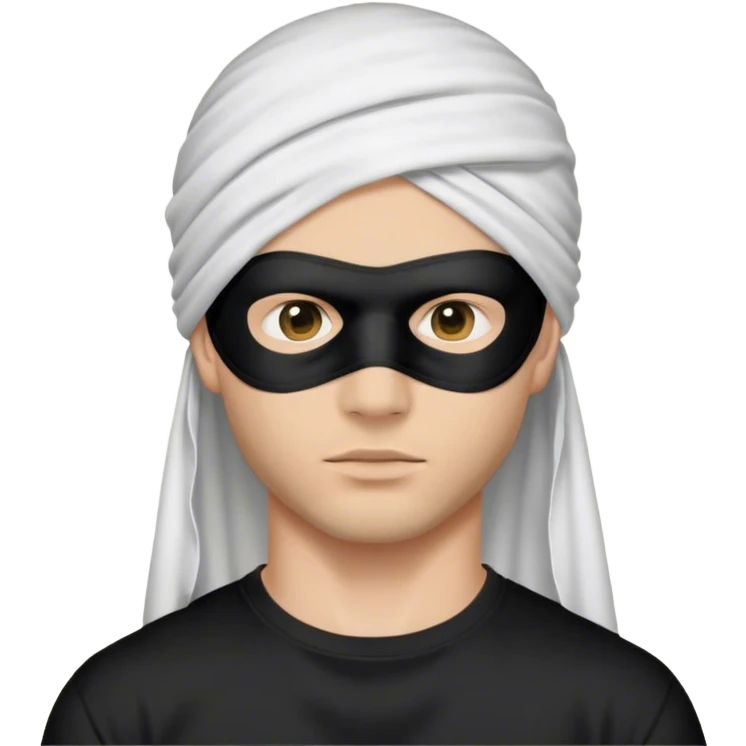 a man in a black cloth mask that completely covers his face and entire head, wearing a white T-shirt emoji