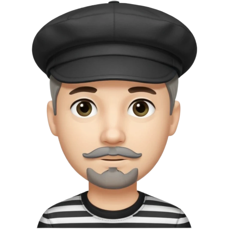 White Man with a dark grey goatee and a black newsboy cap. He is wearing a black and white striped shirt. He has dark black eyeliner  emoji