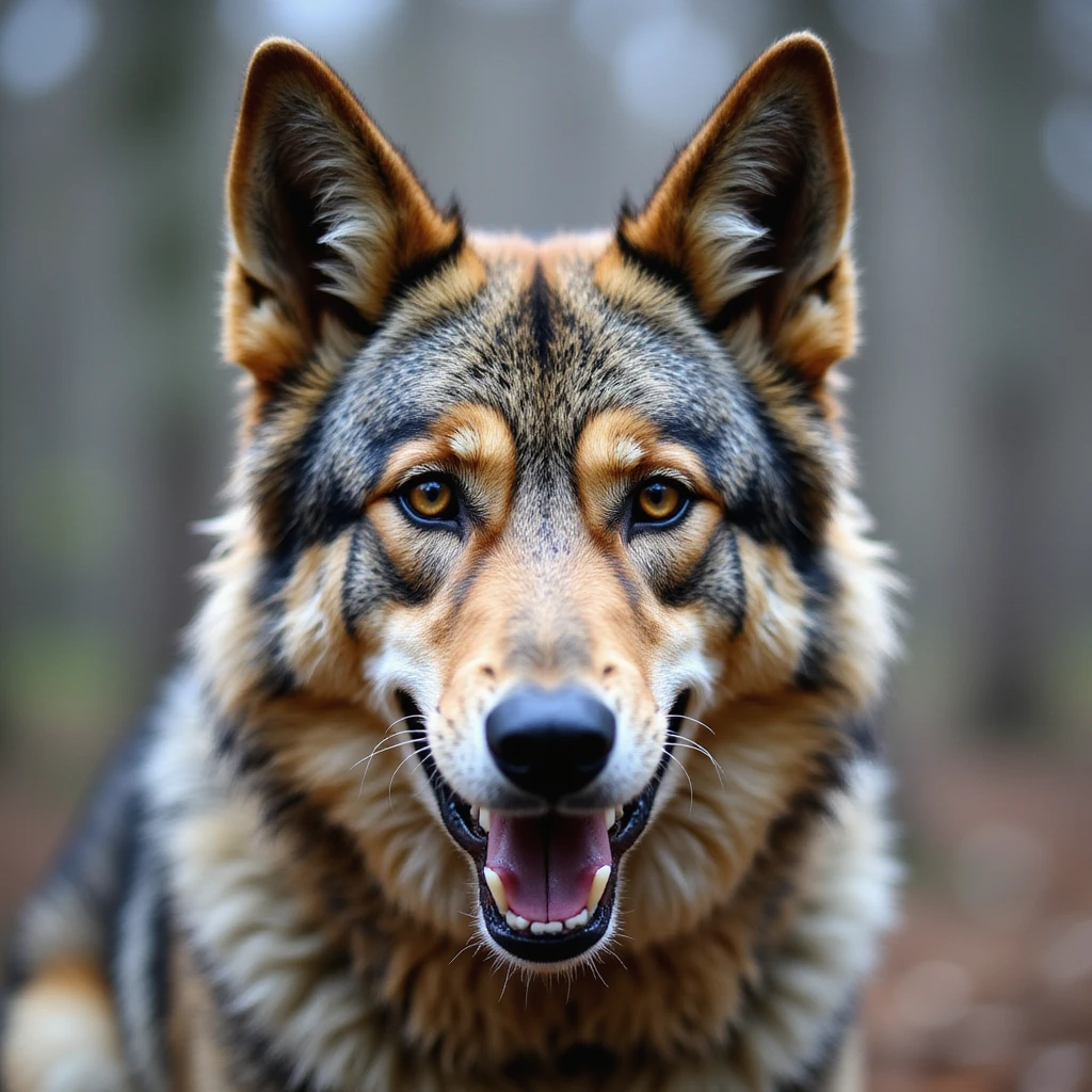 realistic detailed face of an American wolfdog, friendly expression emoji