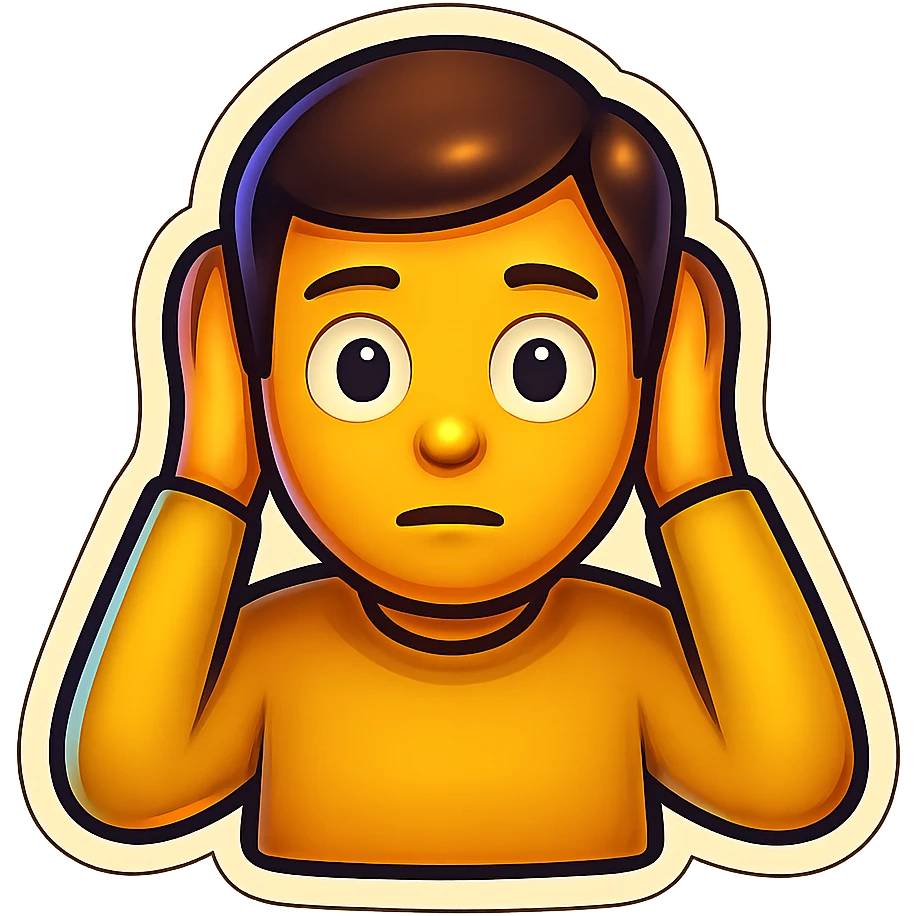 Create an emoji of a man covering his ears, in the same pose and style as the monkey in the reference image, with a transparent background. emoji