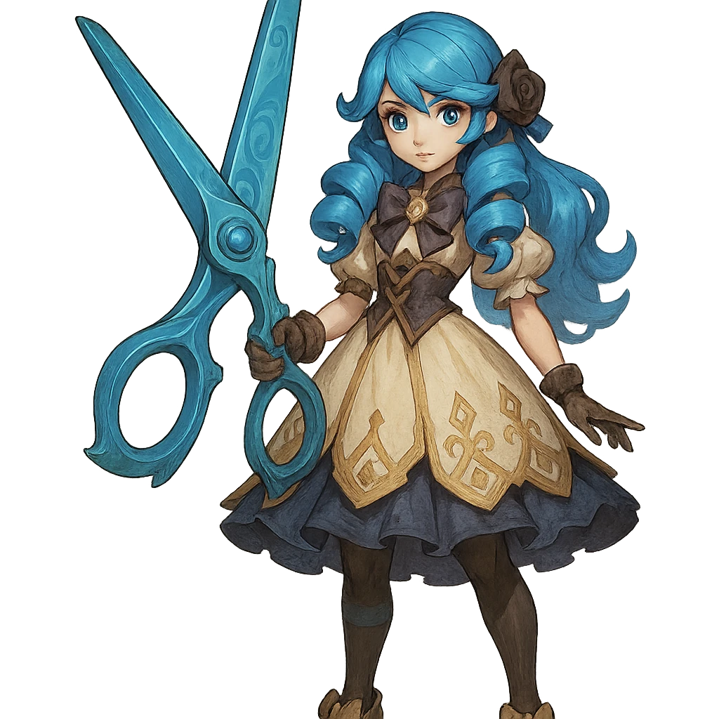 full body Gwen from League of Legends holding her giant scissors, vibrant blue hair, doll-like features, detailed fantasy costume, fantasy style emoji